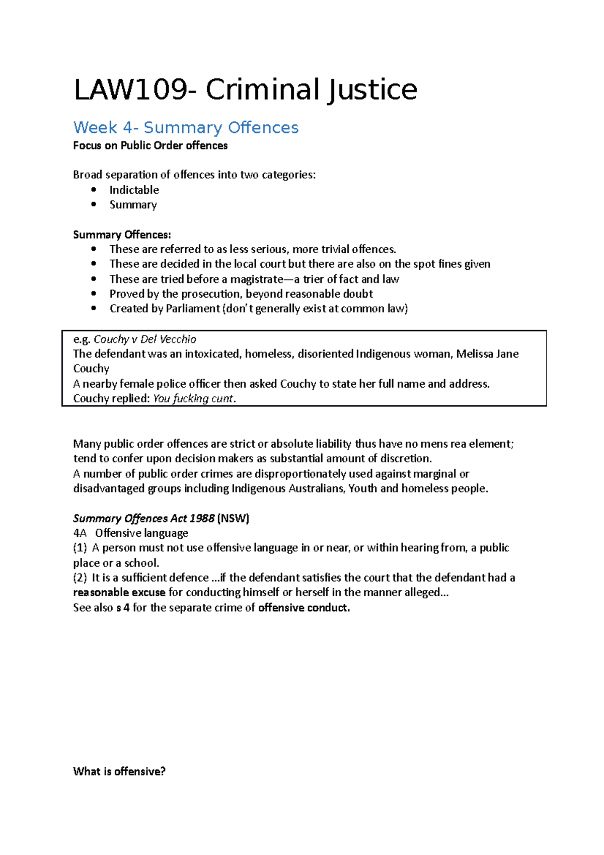 Lecture w4 Summary Offences - LAW109- Criminal Justice Week 4- Summary ...