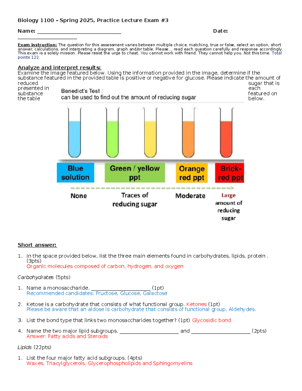 Biology 1100 – Spring 2025, Practice Lecture Exam #3 - Name
