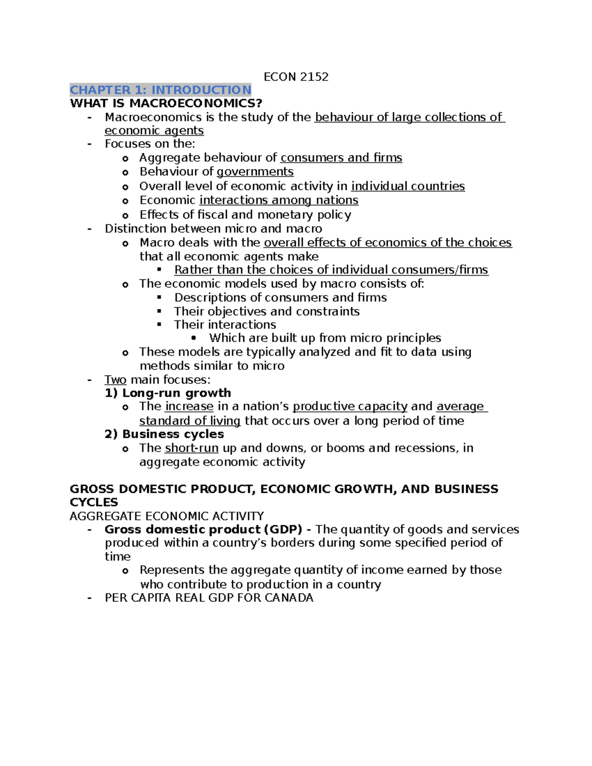 ECON 2152 Chapter 1: Introduction to Macroeconomics and GDP Analysis ...
