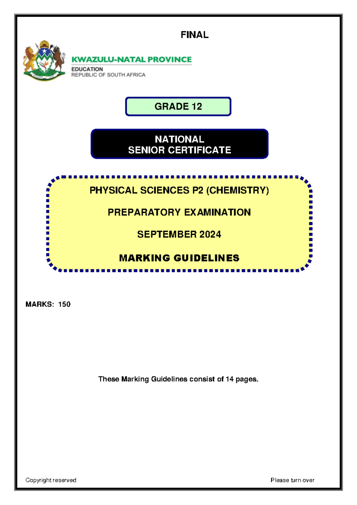 Kzn Physical Sciences P2 Grade 12 September 2024 Final MEMO NSC MARKS 