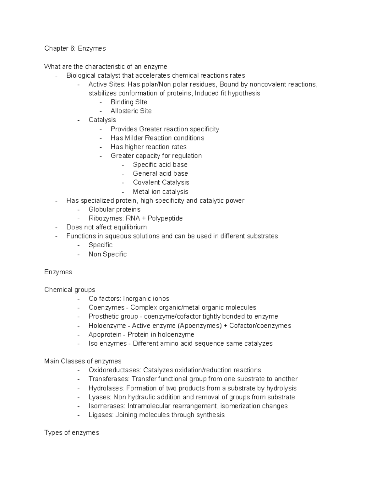 Biochemistry CH6 Lecture Notes: Enzymes Overview and Key Concepts - Studocu