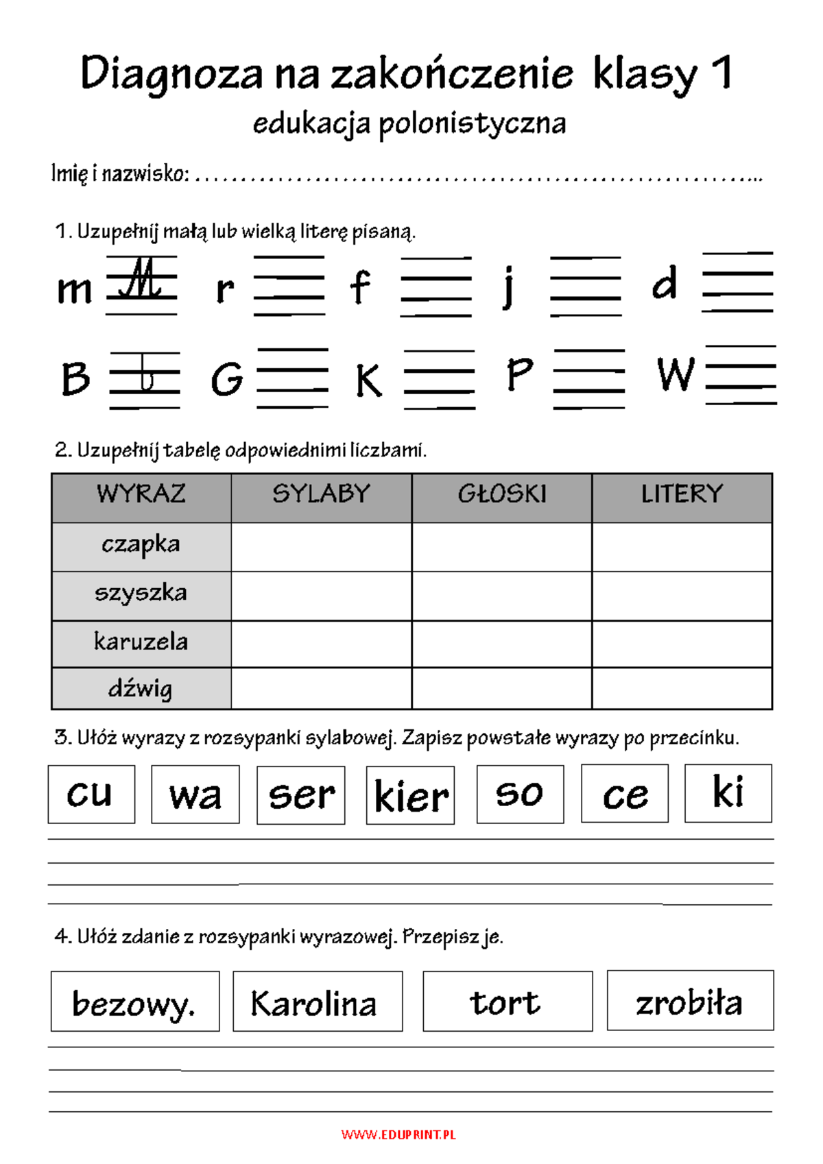 Diagnoza końcoworoczna klasa 1 - Podsumowanie wiedzy i umiejętności