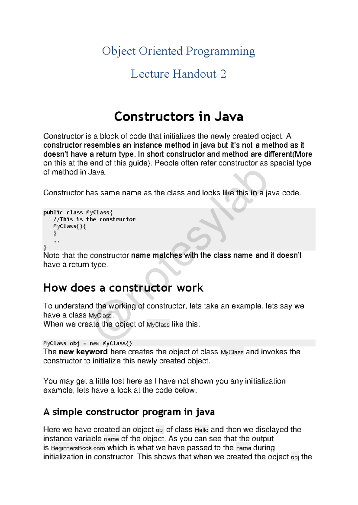 OOP 101: Lecture Notes on Constructors in Java - Studocu