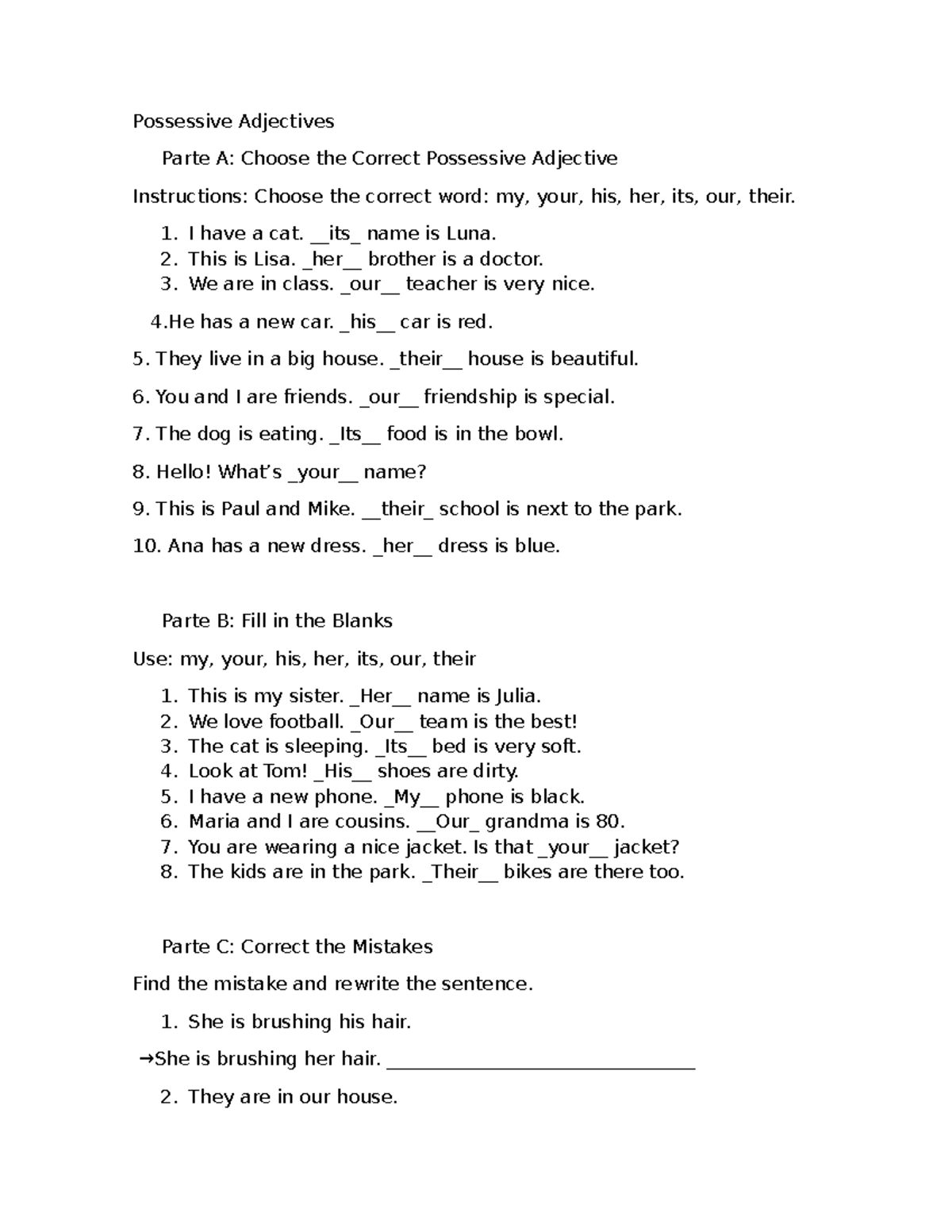 Possessive Adjectives Practice: Exercises A, B, and C - Studocu