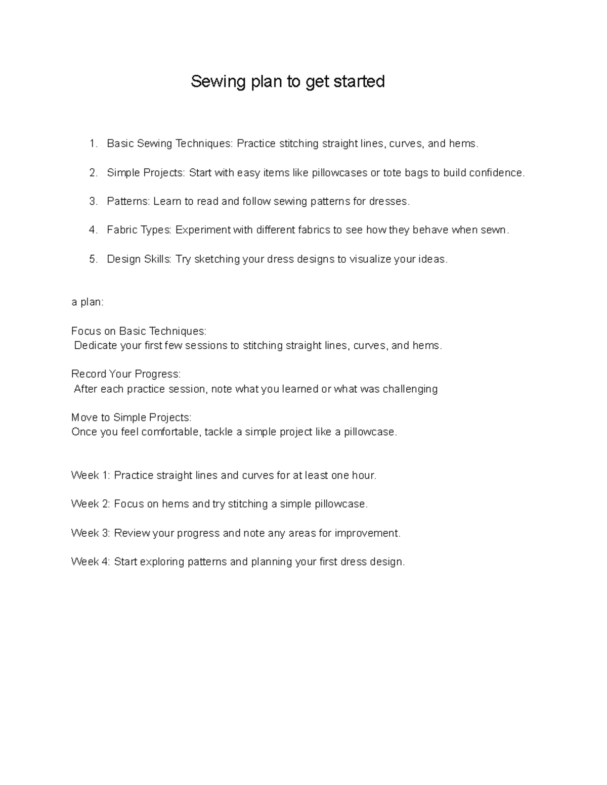Sewing Plan: Basic Techniques & Simple Projects for Beginners - Studocu