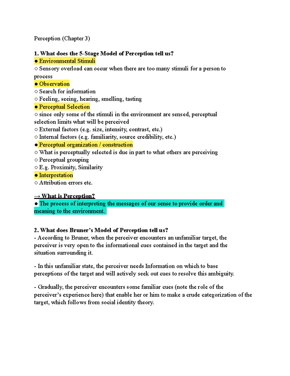 Perception: Chapter 3 Notes for Psychology 101 Final Exam - Studocu