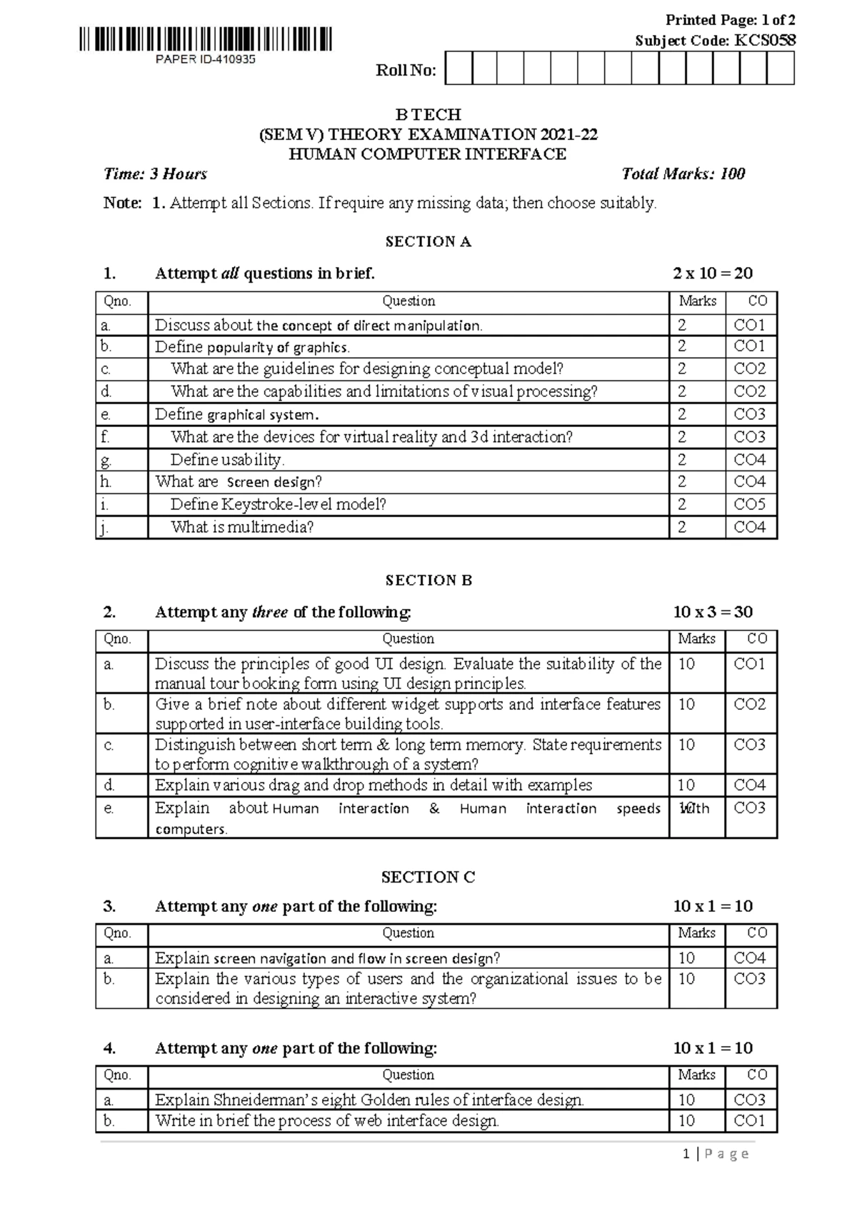 Human Computer Interface Question Paper BTECH SEM-5 2021-22 - Studocu