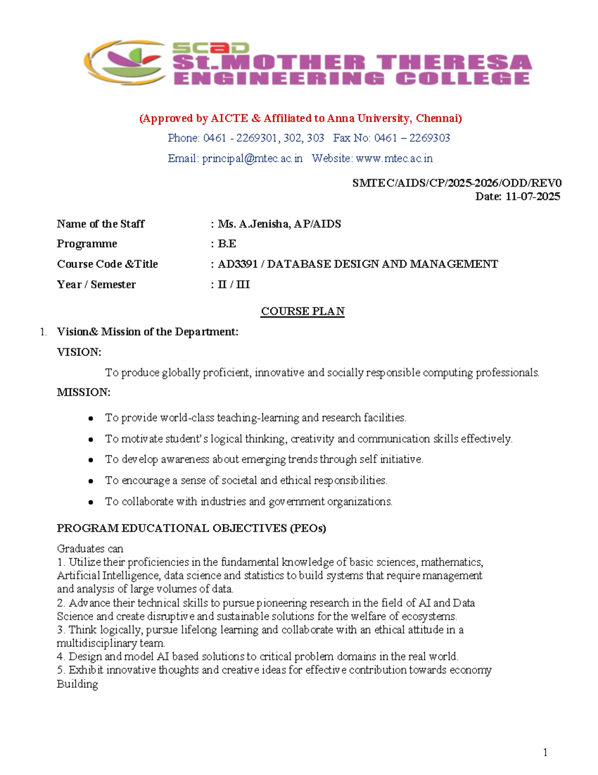 DBMS Course Plan (AD3391) - Database Design & Management - Studocu