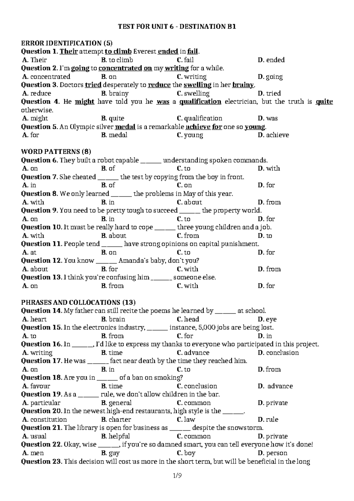 TEST UNIT 6 - DESTINATION B1: ERROR IDENTIFICATION & VOCABULARY - Studocu