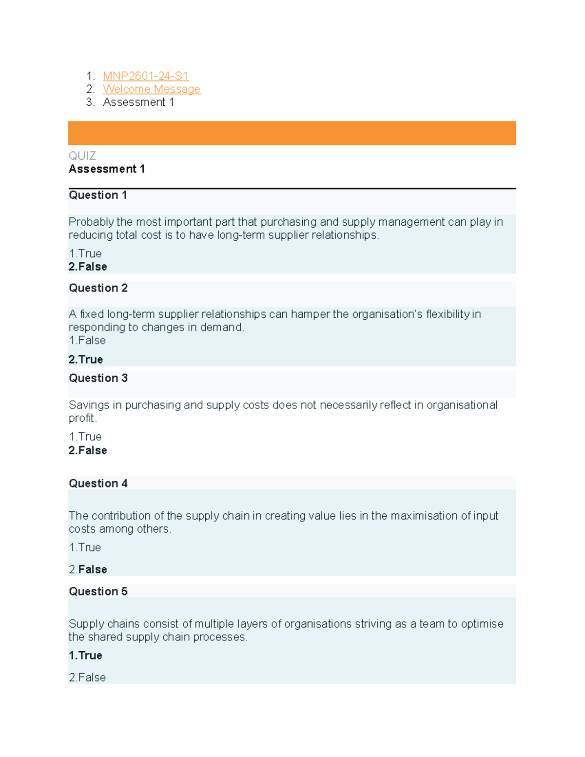 MNP2601 Quiz Assessment 1: Key Concepts in Supply Management - Studocu