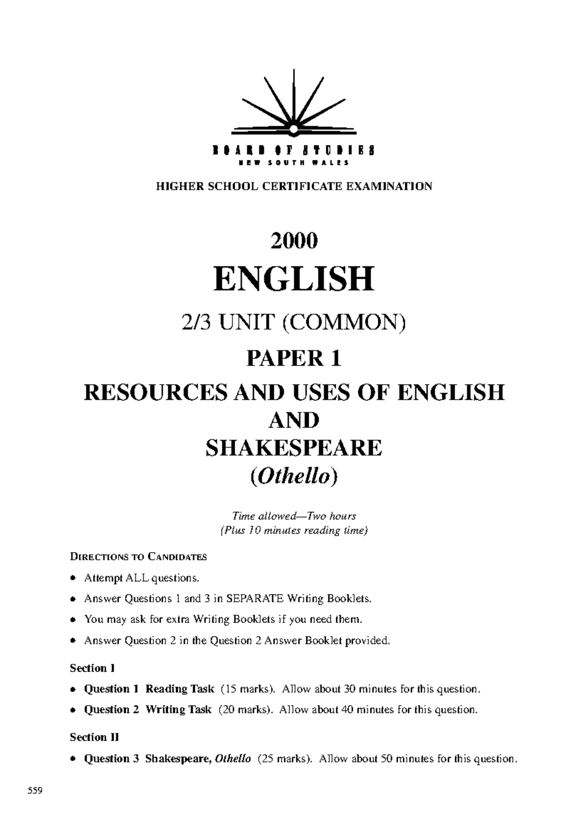HSC English 23Up1 - Advanced Practice Paper 1: Othello & Language Use ...