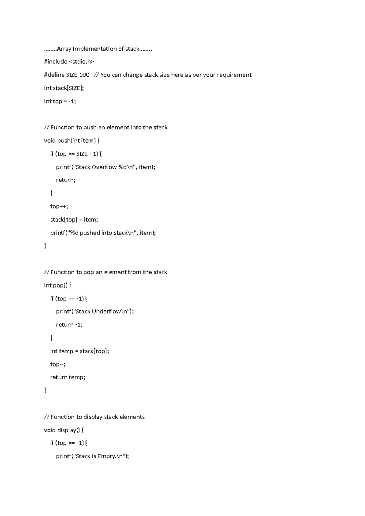 Array Implementation of Stack: SIZE 100 Details - Studocu