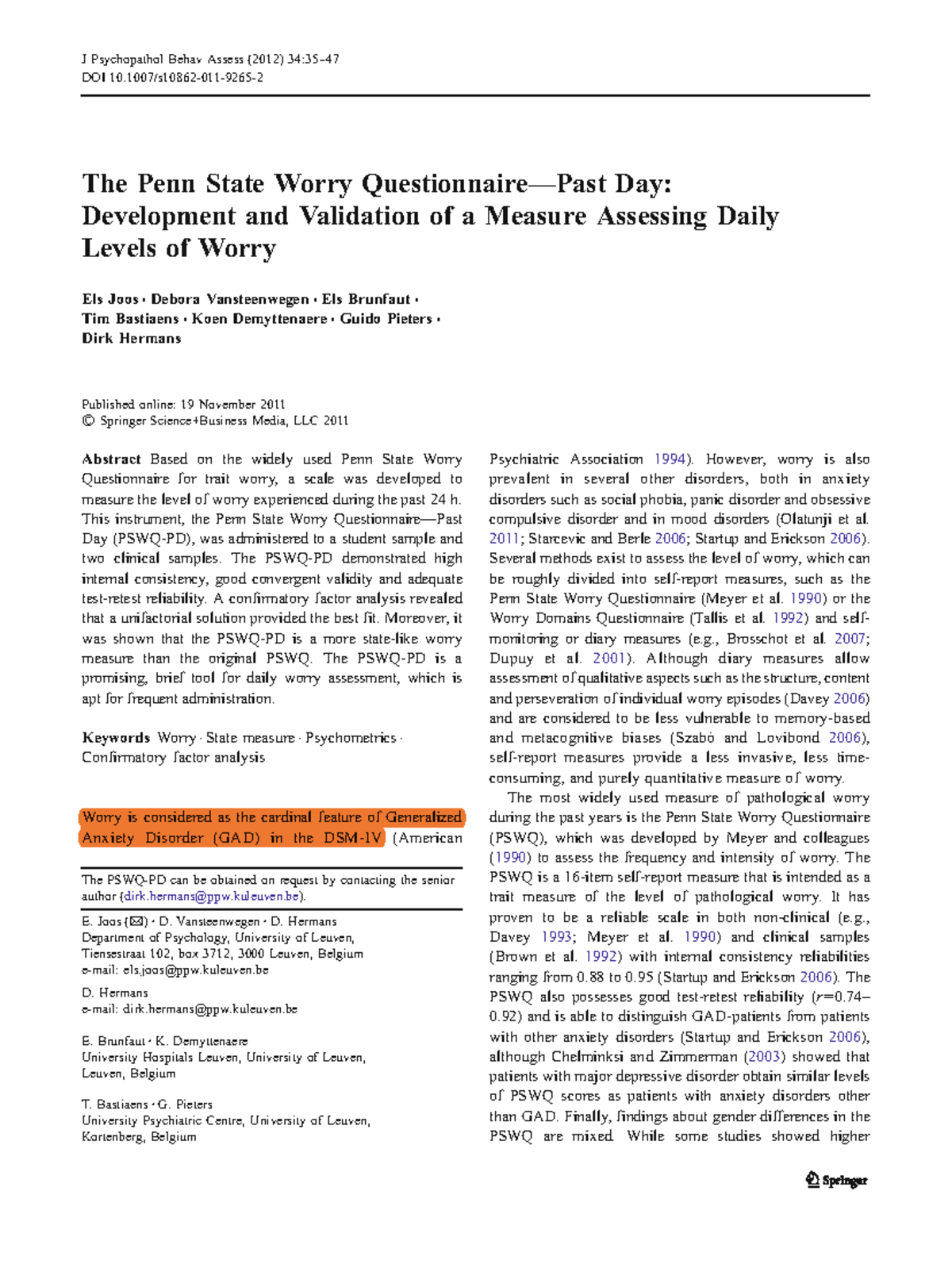 Penn State Worry Questionnaire: Development & Validation of PSWQ-PD ...