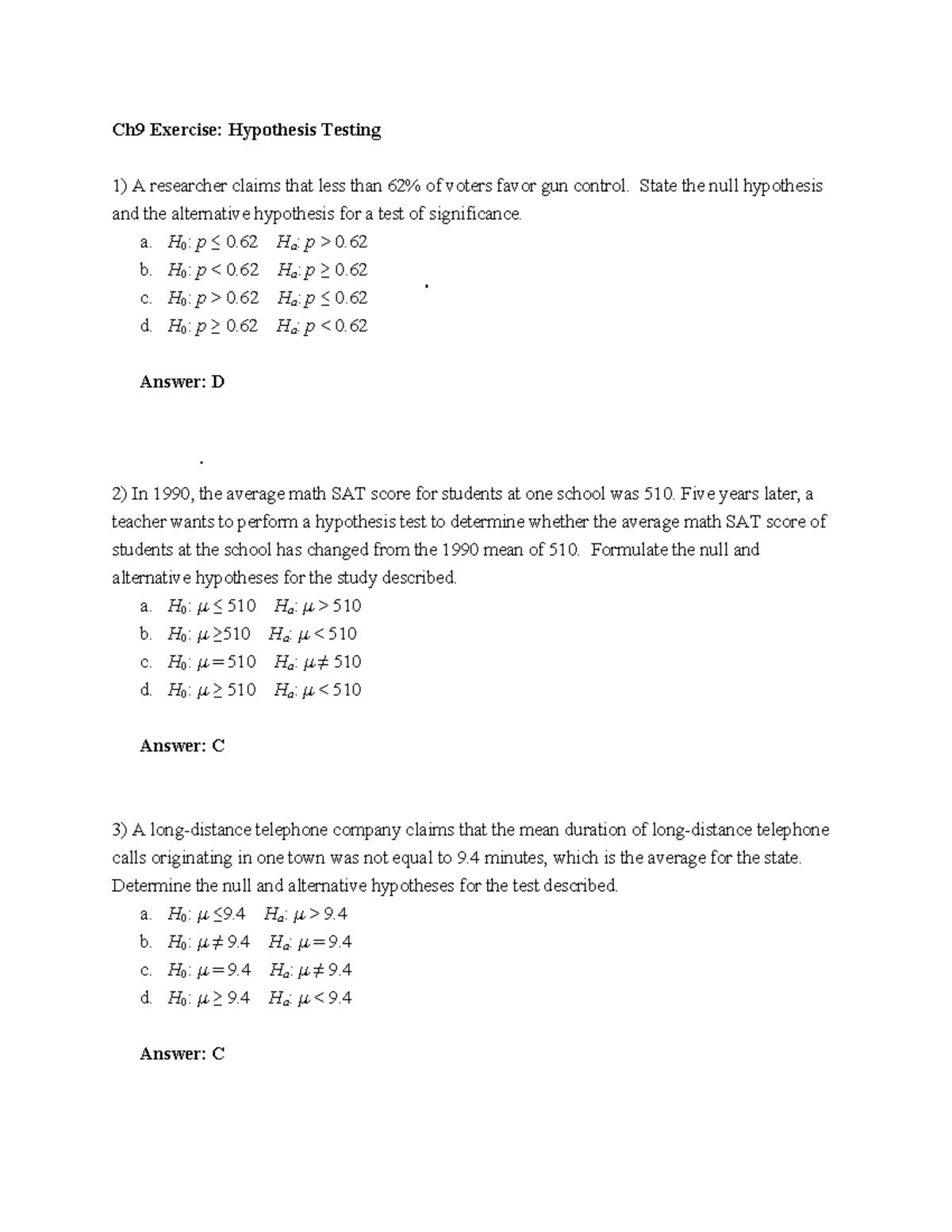 Ch9 Hypothesis Testing Exercises (9 Test) - Studocu