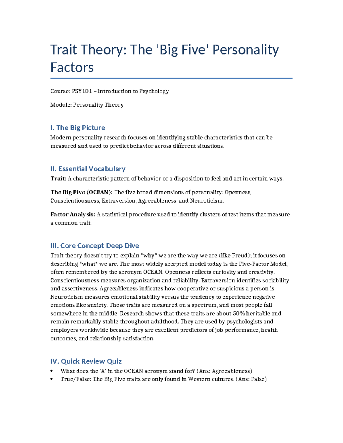 PSY101: Trait Theory and The Big Five Personality Factors - Studocu