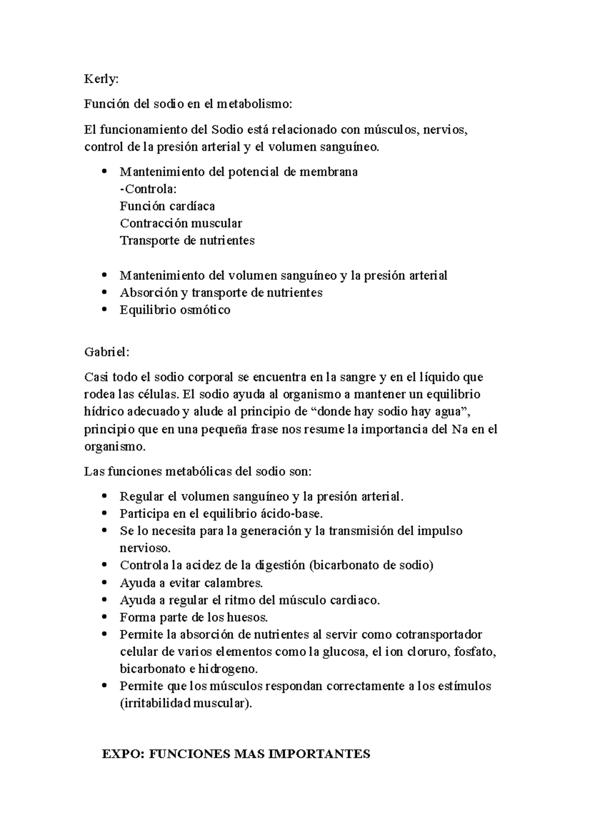 Función del Sodio en el Metabolismo: Importancia y Mecanismos - Studocu