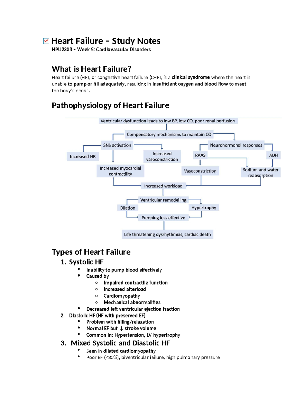 Heart Failure Study Notes HPU2303 Week 5: Exam Content Overview - Studocu