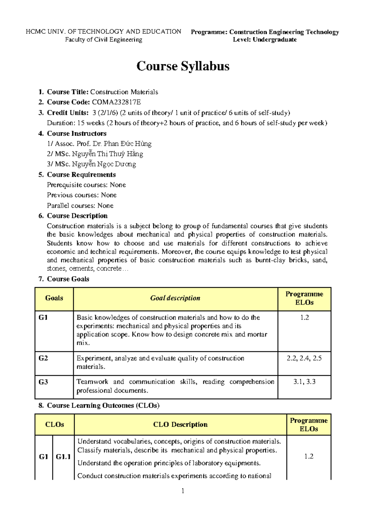 COMA232817E Construction Materials Course Syllabus and Overview - Studocu