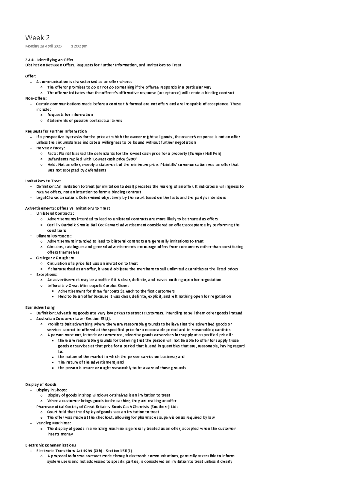 Week 2 Lecture Notes: Understanding Offers and Acceptance in Contract ...