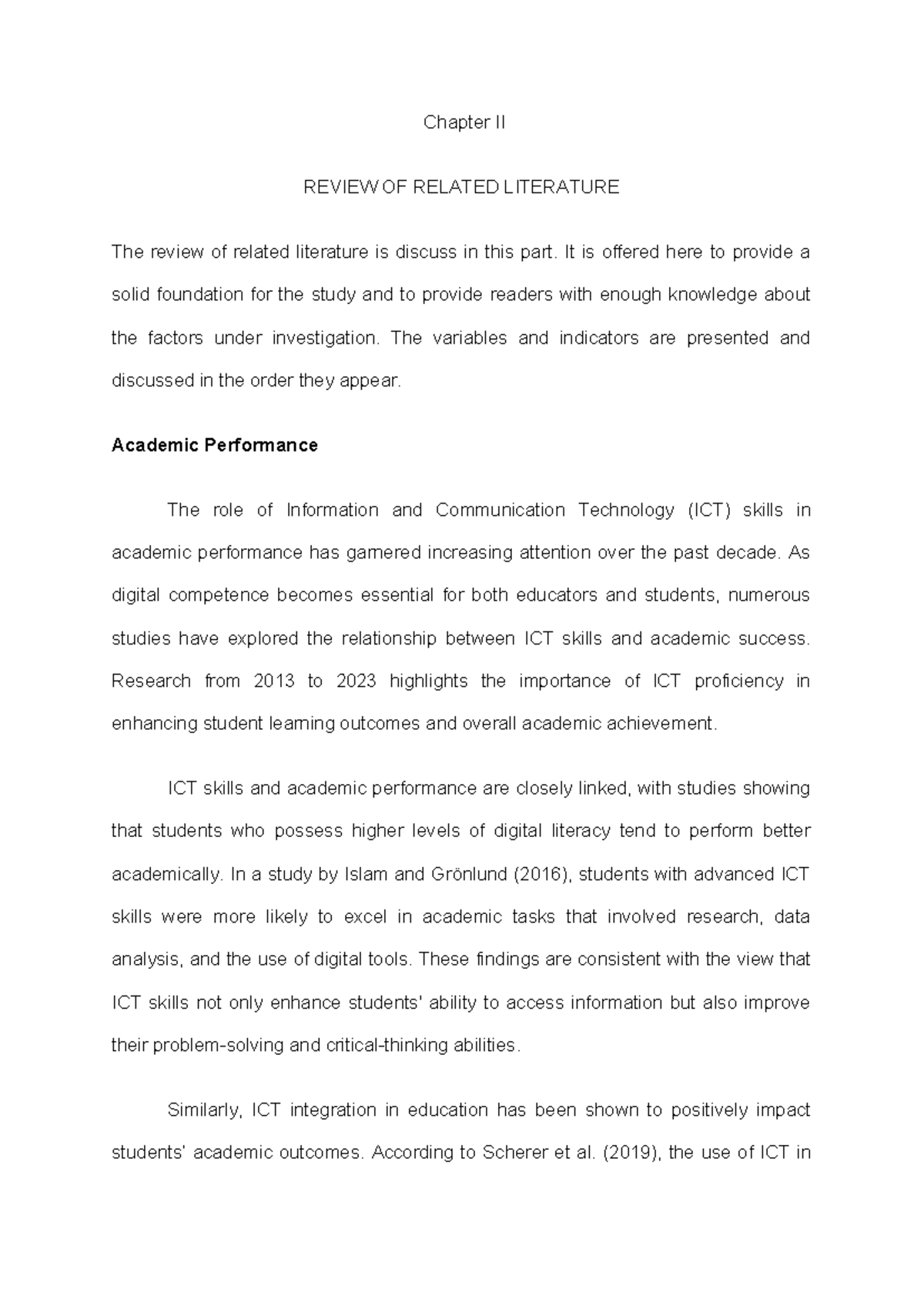 Chapter II: Review of Related Literature on ICT Skills and Academic ...