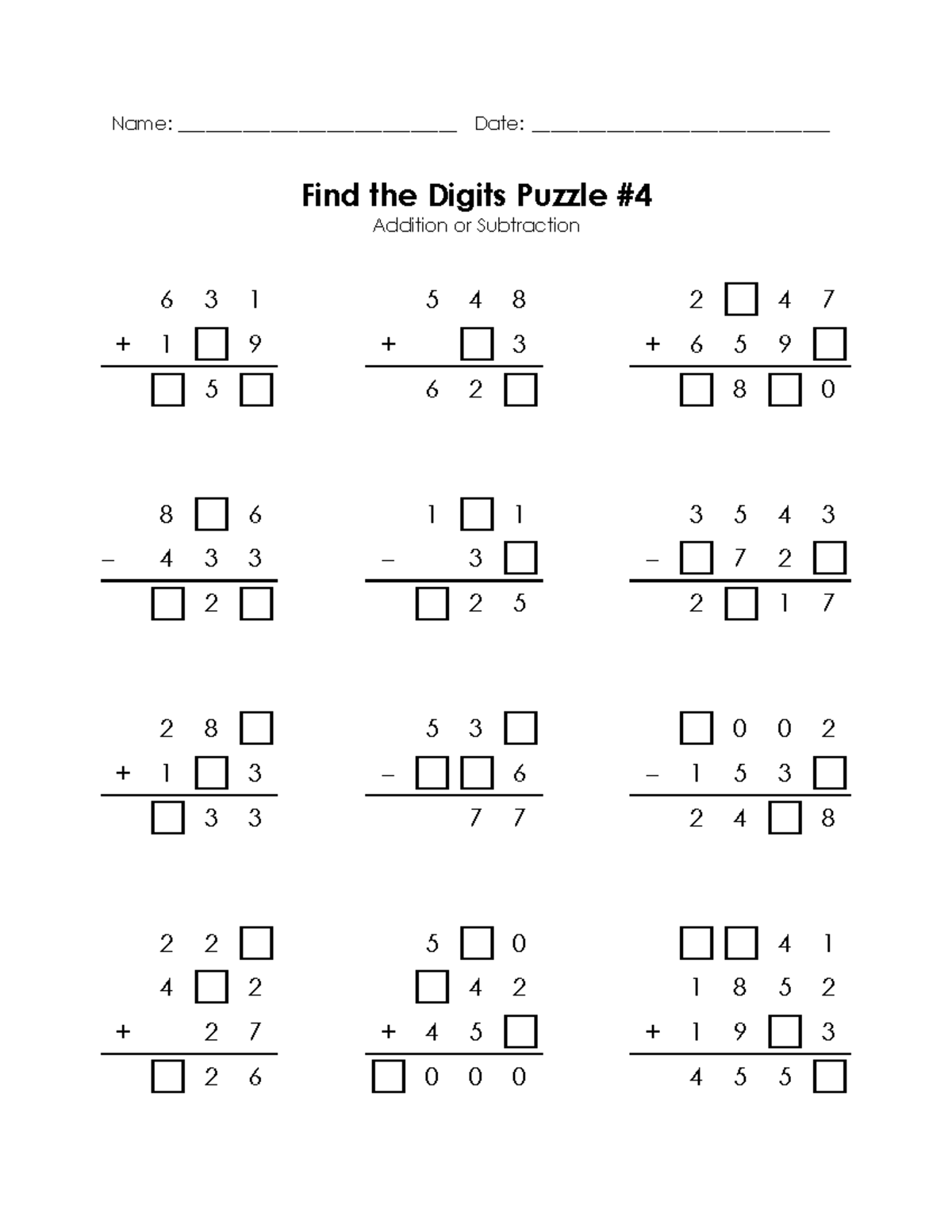 Find the Digits – 4 - Math exercises for 1 class - Name ...
