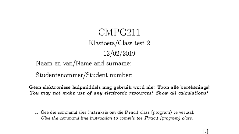 CMPG211 Klastoets 2 - Practical Programming Exercises - Studocu