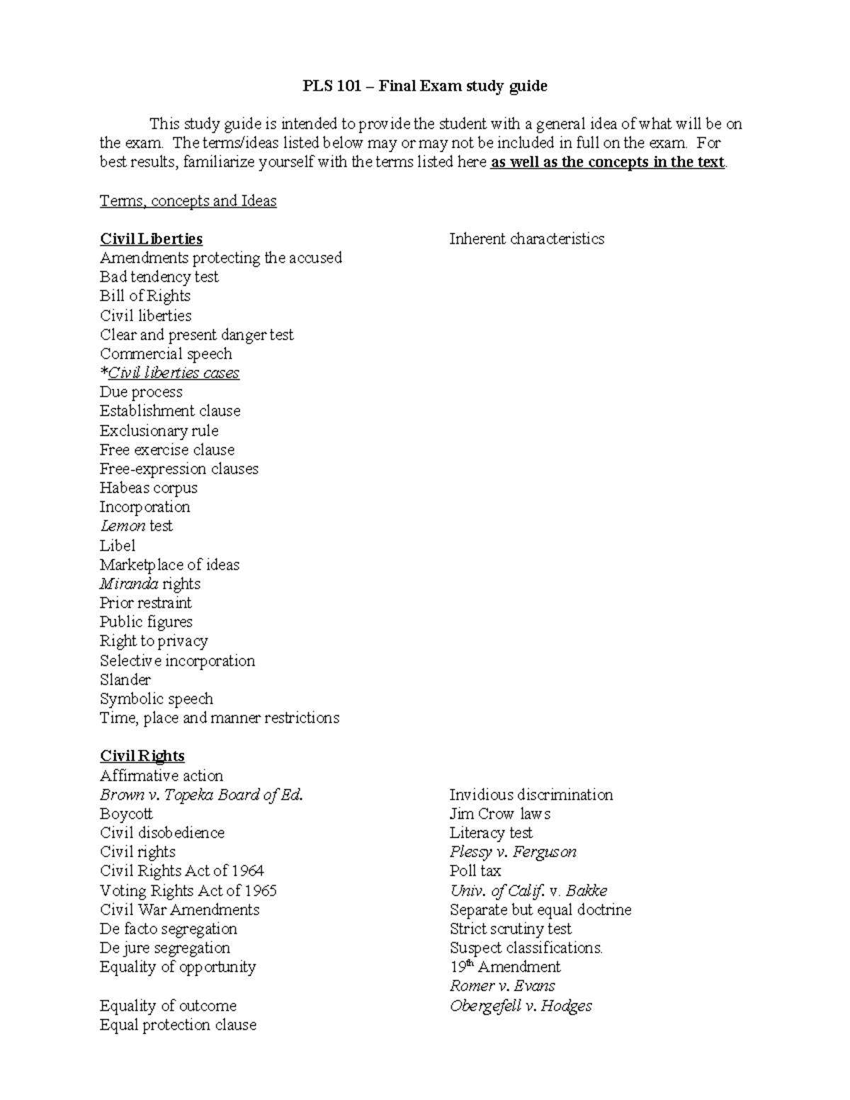 PLS 101 – Final Exam Study Guide: Civil Liberties & Rights Overview ...