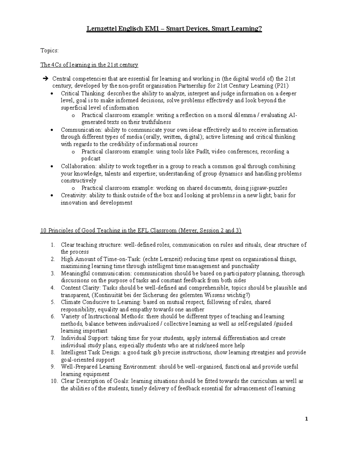 Lernzettel SDSL: 4Cs & Task Design in EFL for Smart Learning - Studocu