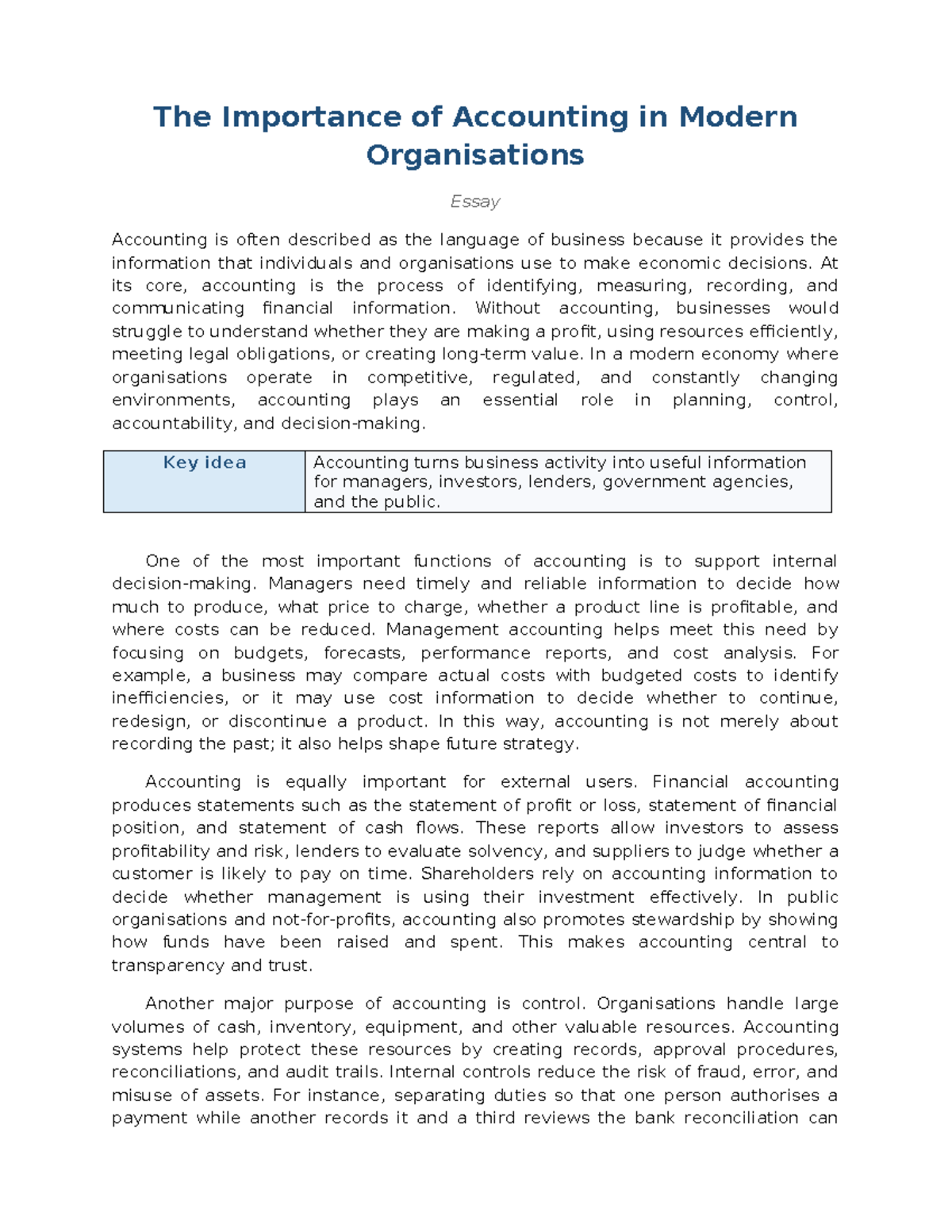Accounting Essay: The Role of Accounting in Modern Organizations - Studocu