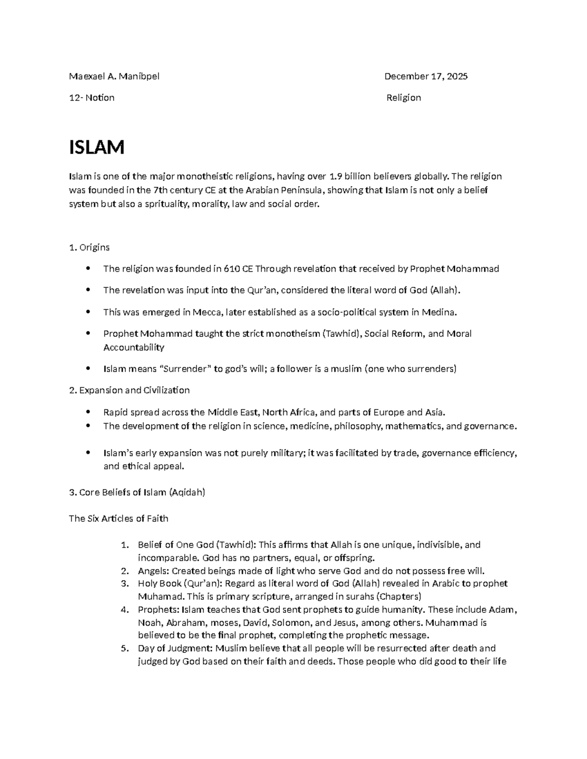 Islam Research Overview: Key Beliefs, Practices, and History - Studocu