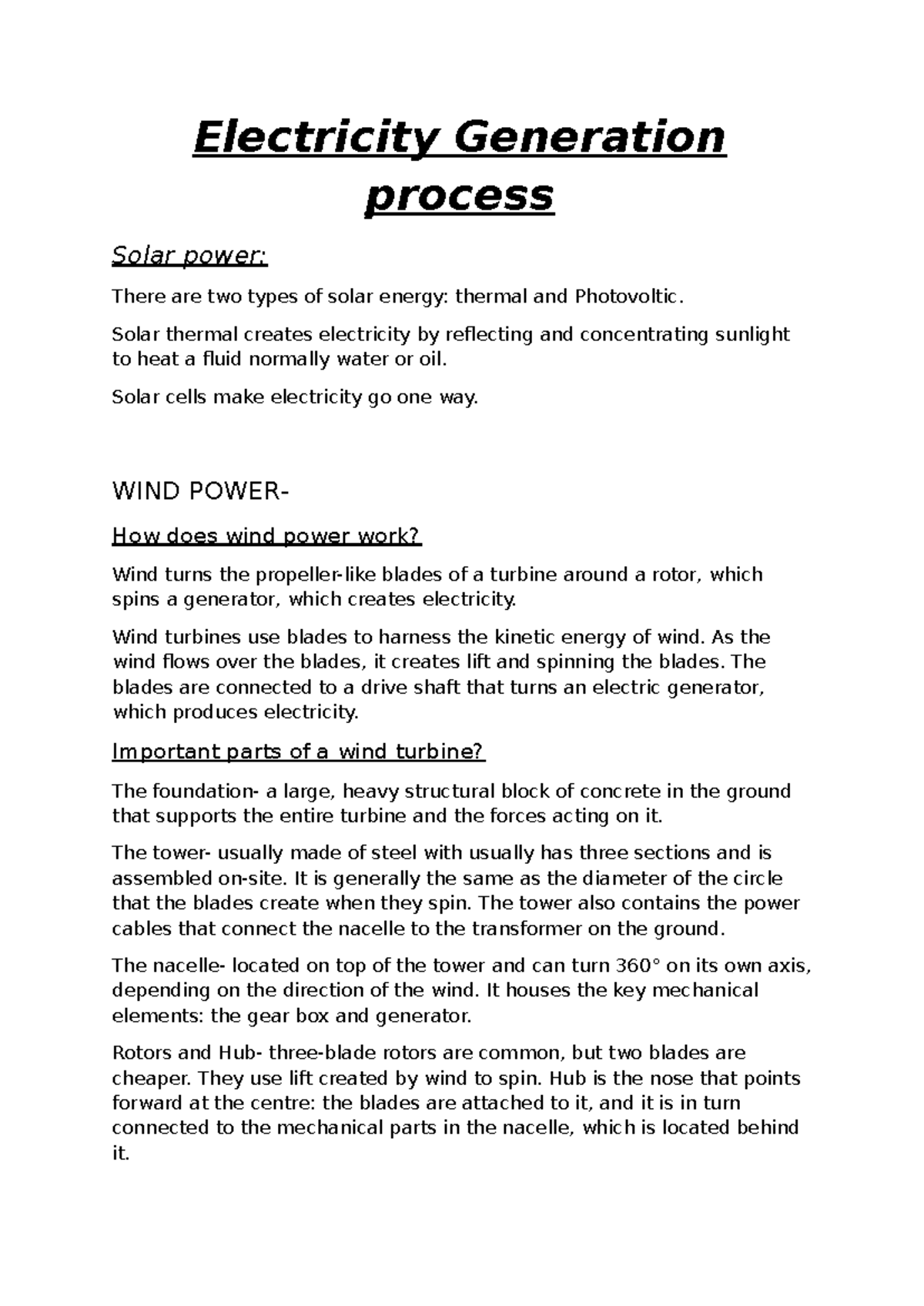 Electricity Generation Process: Solar & Wind Power Overview - Studocu