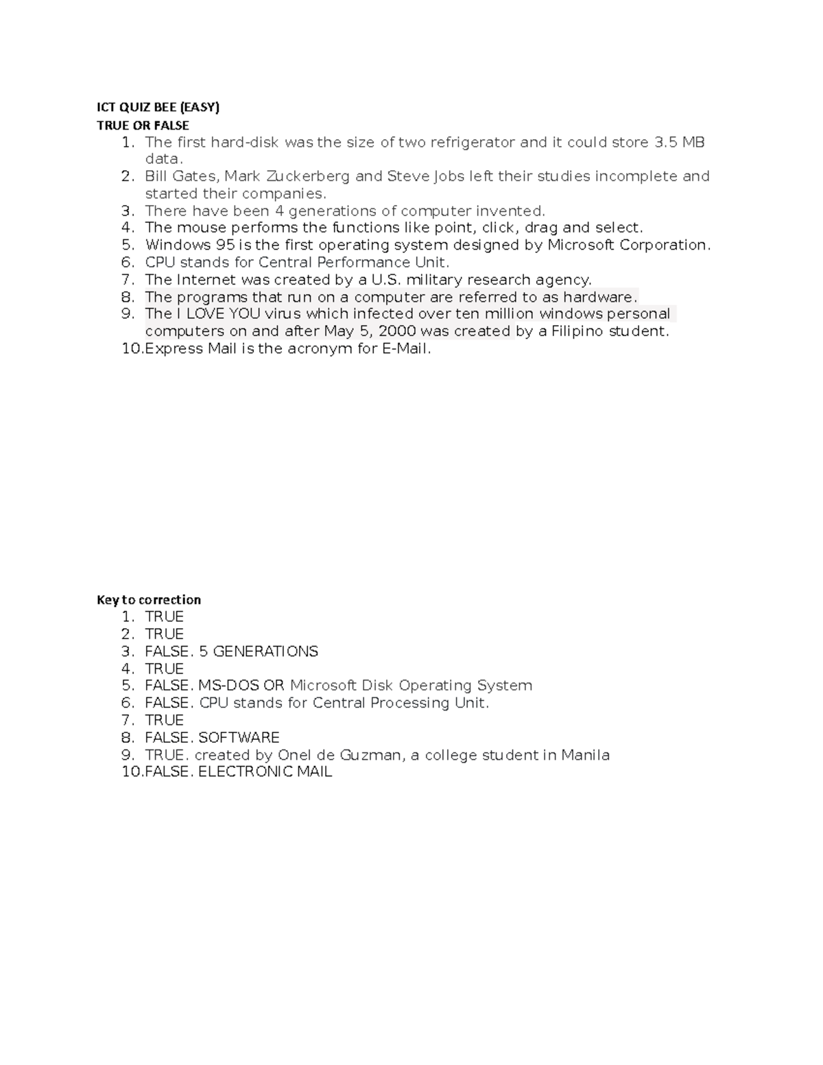 ICT QUIZ BEE - EASY - Preliminary Examination Questions & Answers - Studocu