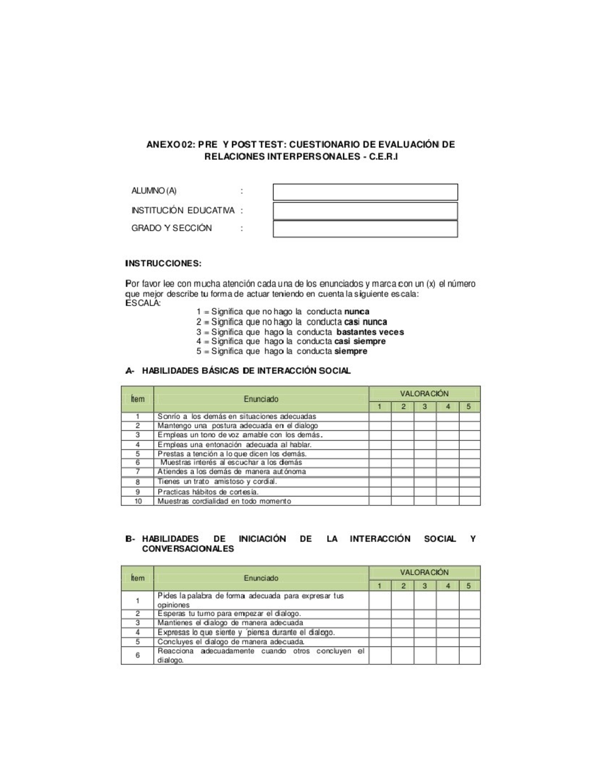 Cuestionario Evaluación de Relaciones Interpersonales - Pre y Post Test ...