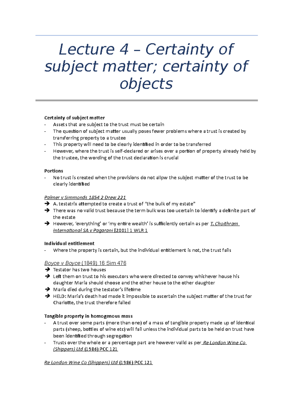 Week 4 - Certainty of Subject Matter and Objects in Trust Law - Studocu