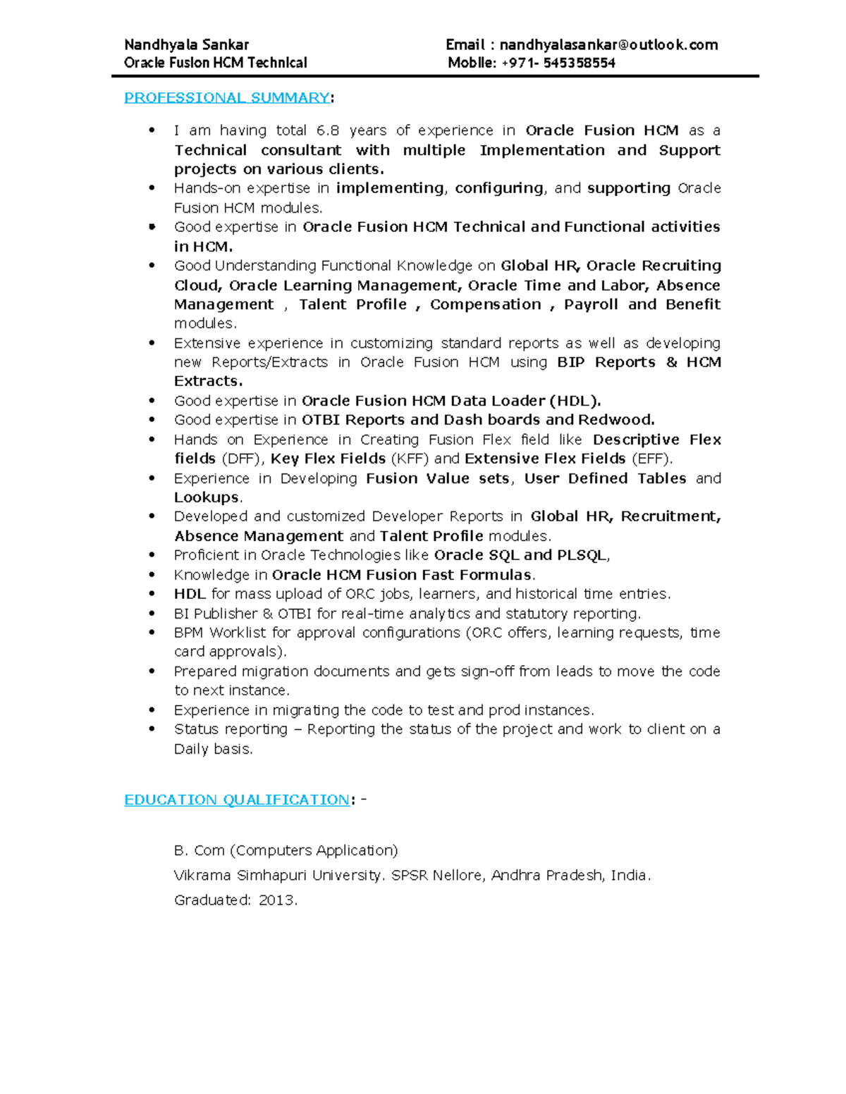 Oracle Fusion HCM OTL Functional Resume - Sarath - Studocu