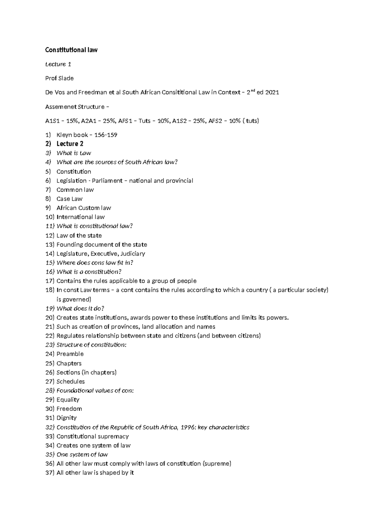 Constitutional Law Lecture Notes (CIV601) - Key Concepts & Principles ...