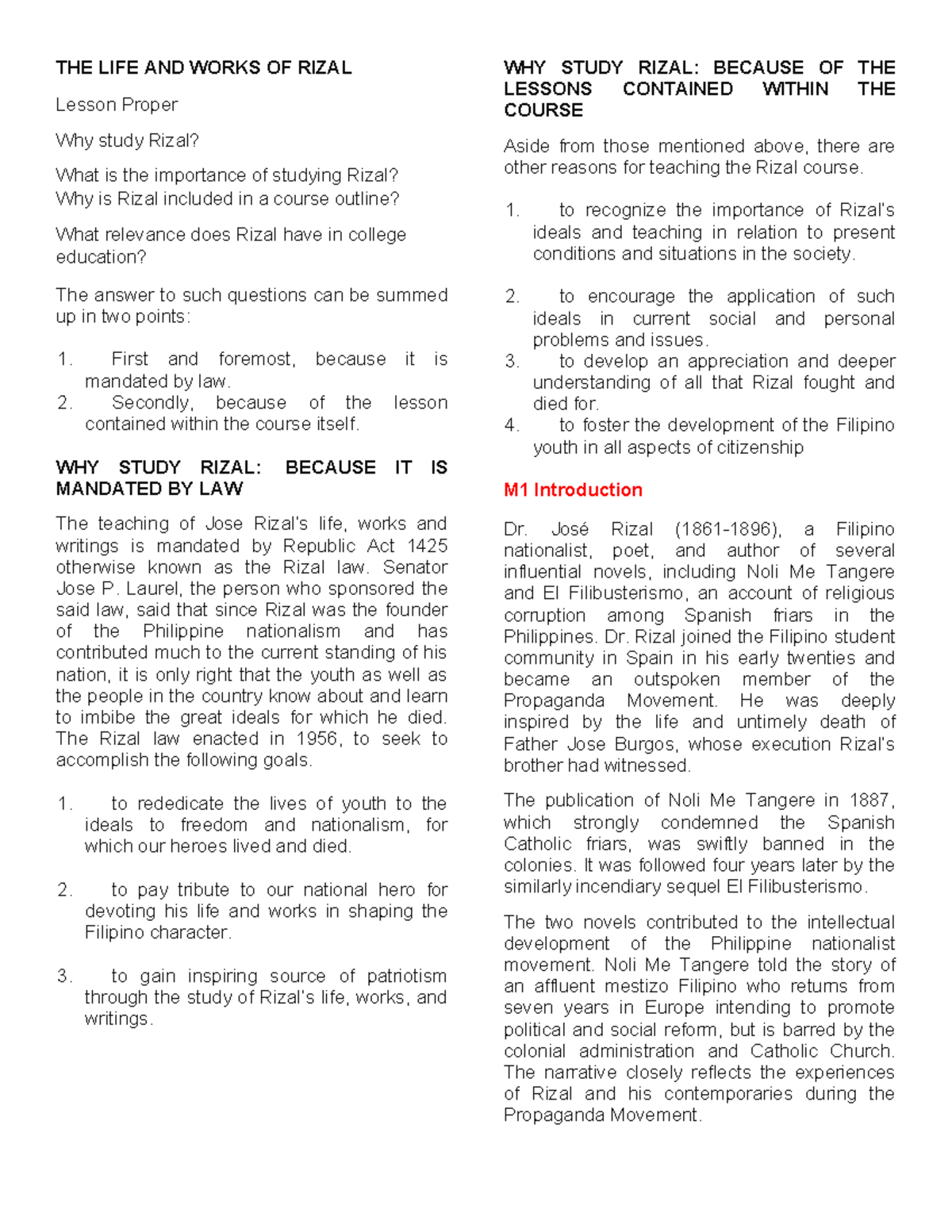 Understanding the Importance of Rizal in M1 Lesson Plans - Studocu
