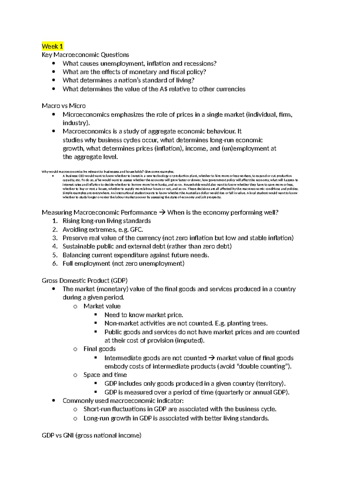 Lecture 1 notes - Week 1 Key Macroeconomic Questions What causes ...