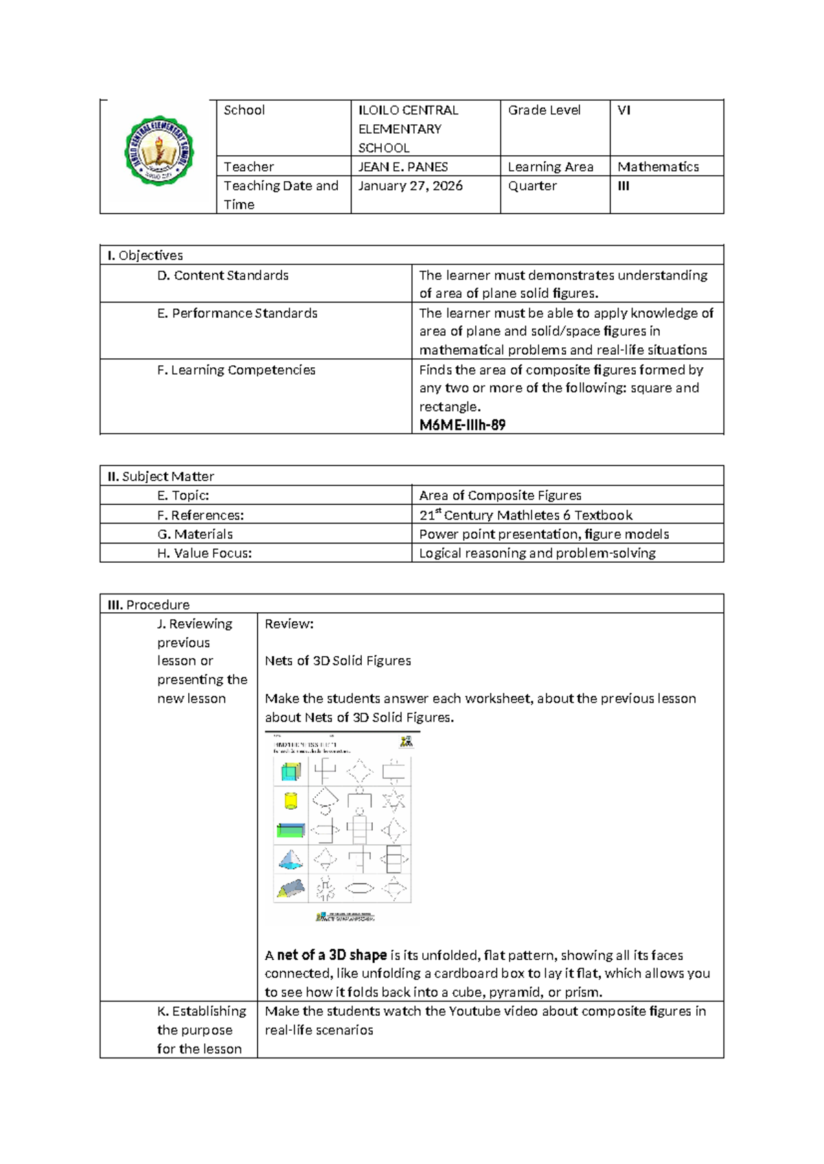 Lesson Plan in Mathematics 6: Area of Rectangle & Square - Studocu