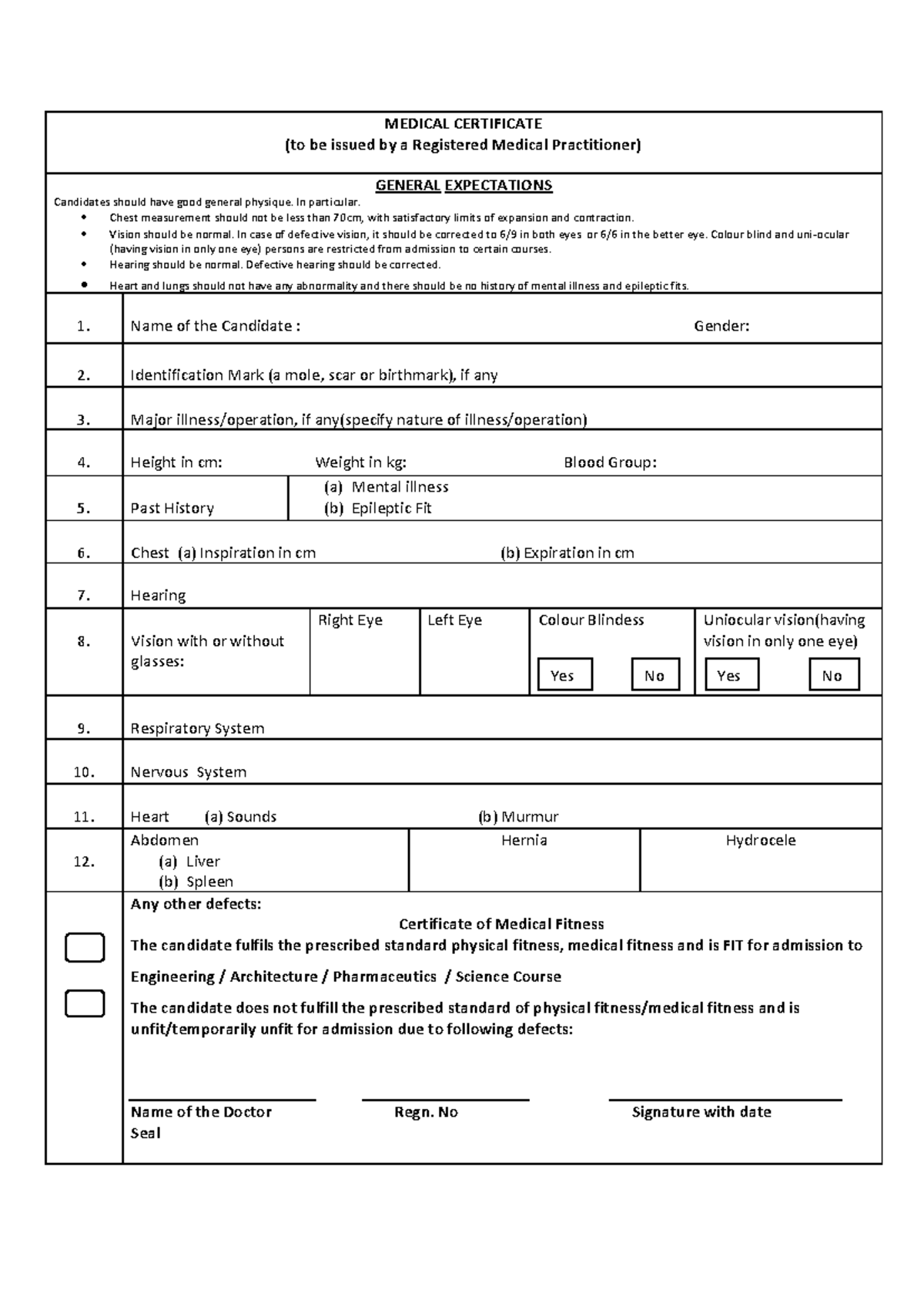 Medical Certificate Form SRM: Candidate Fitness Assessment - Studocu