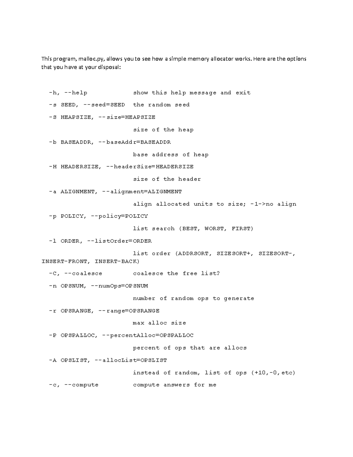 Memory Allocator Simulation: Malloc.py Overview and Usage - Studocu
