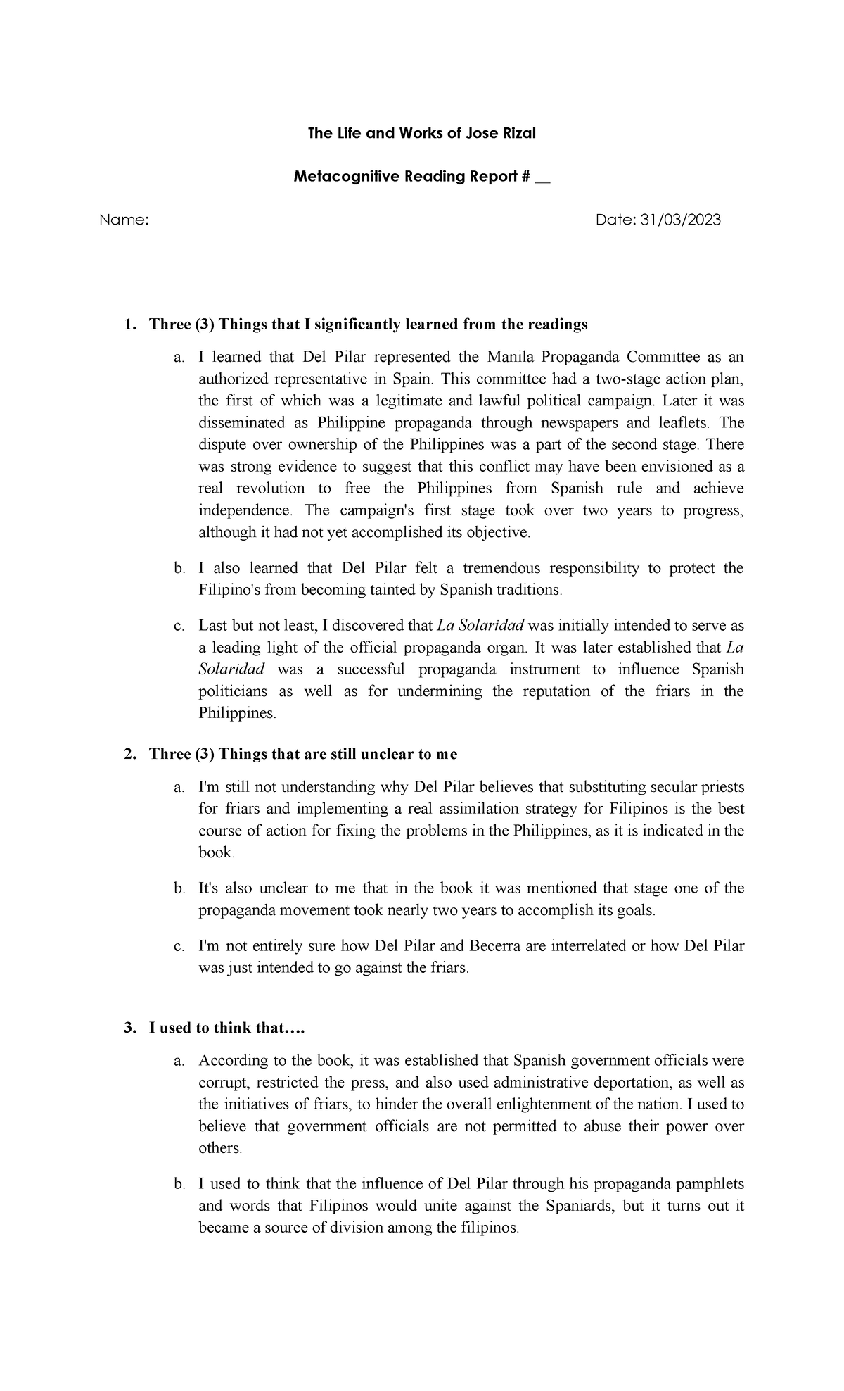 MRR template Rizal - The Life and Works of Jose Rizal Metacognitive ...