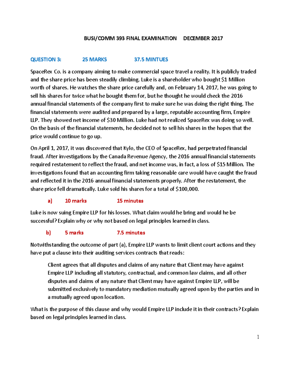 BUSI/COMM 393 FINAL EXAM December 2017: Questions & Answers Analysis ...