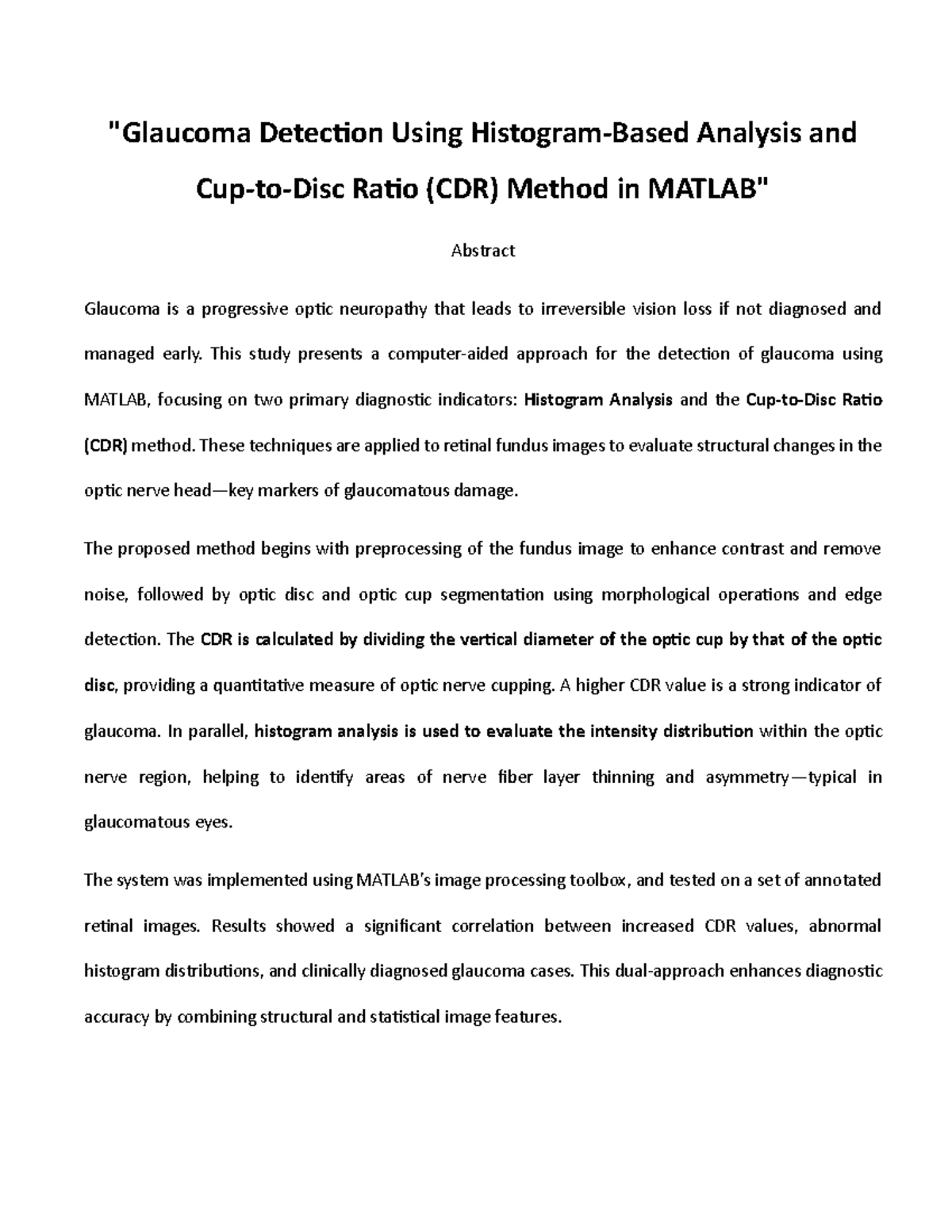 Glaucoma Detection Using CDR Method & Histogram Analysis (CDR) - Studocu