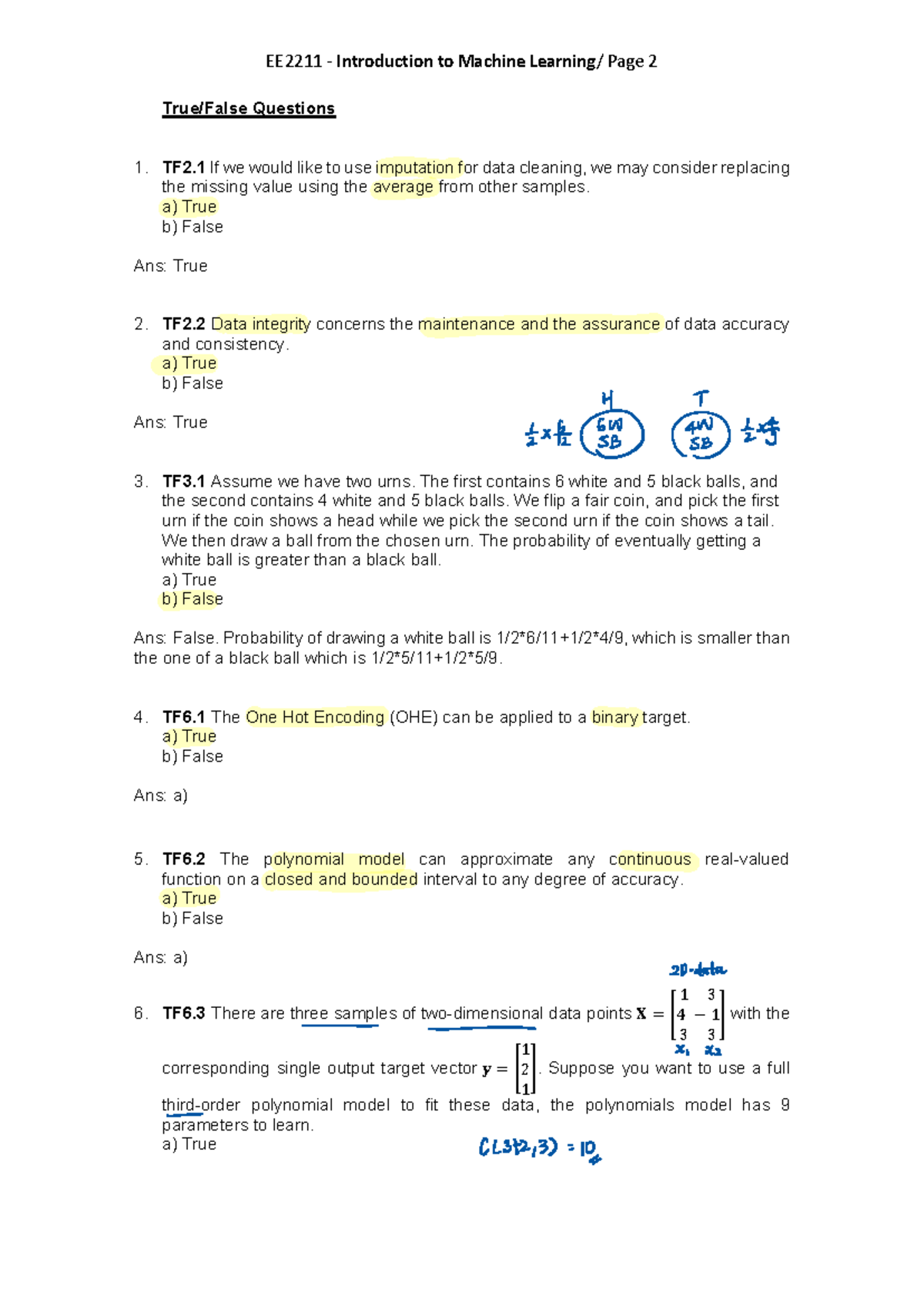 EE2211 Past Paper Answer Key - Machine Learning Exam Solutions - Studocu