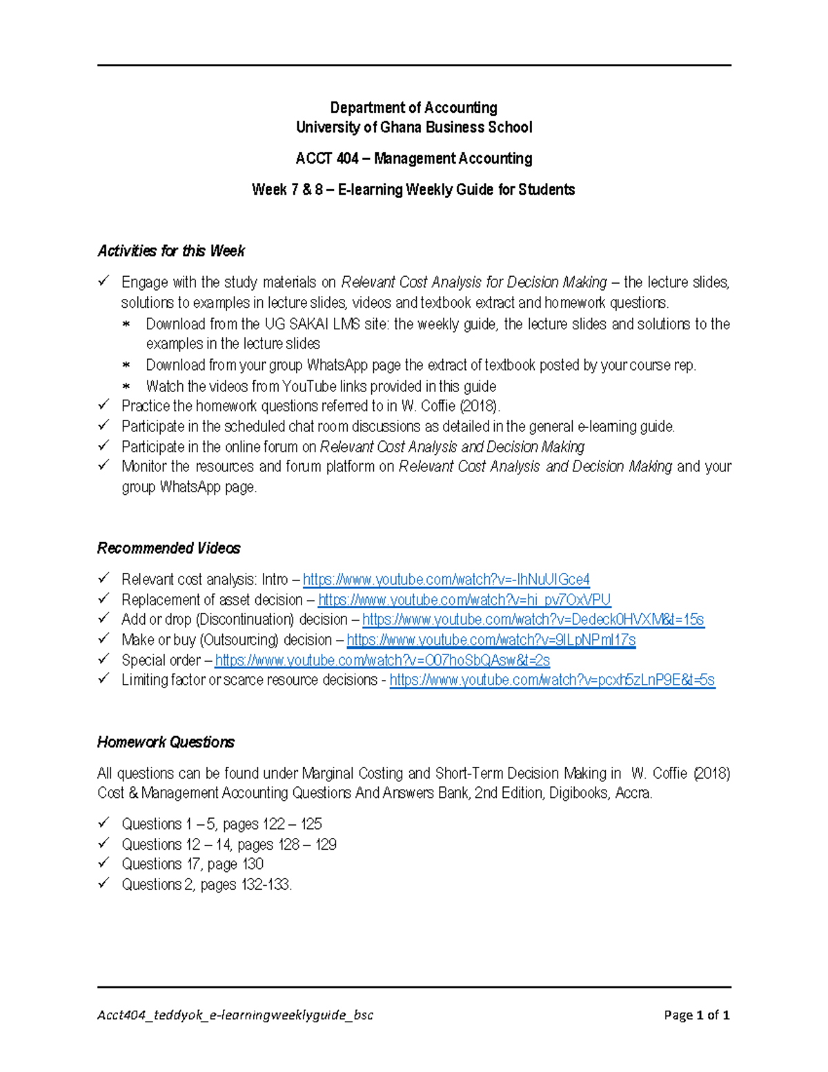 Acct404 Week 7 & 8 Management Accounting E-Learning Guide - Studocu