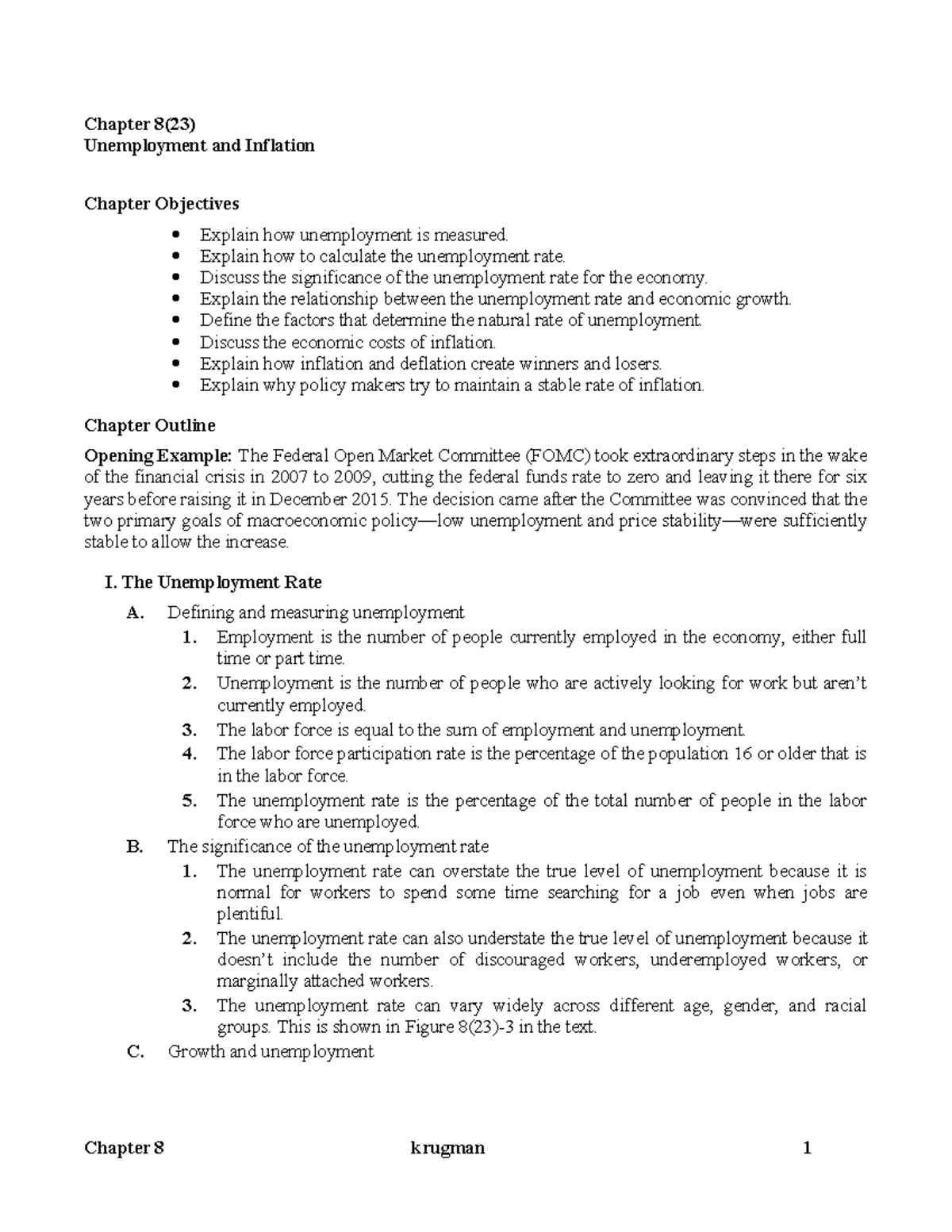 Chapter 8(23) Outline: Unemployment and Inflation Analysis - Studocu