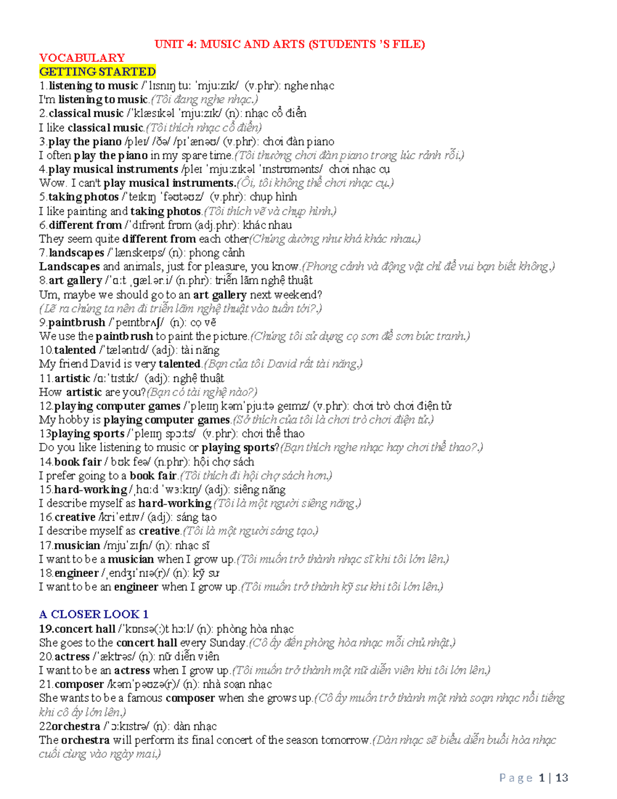 UNIT 4: MUSIC AND ARTS VOCABULARY EXERCISES (GLOBAL SUCCESS 7) - Studocu