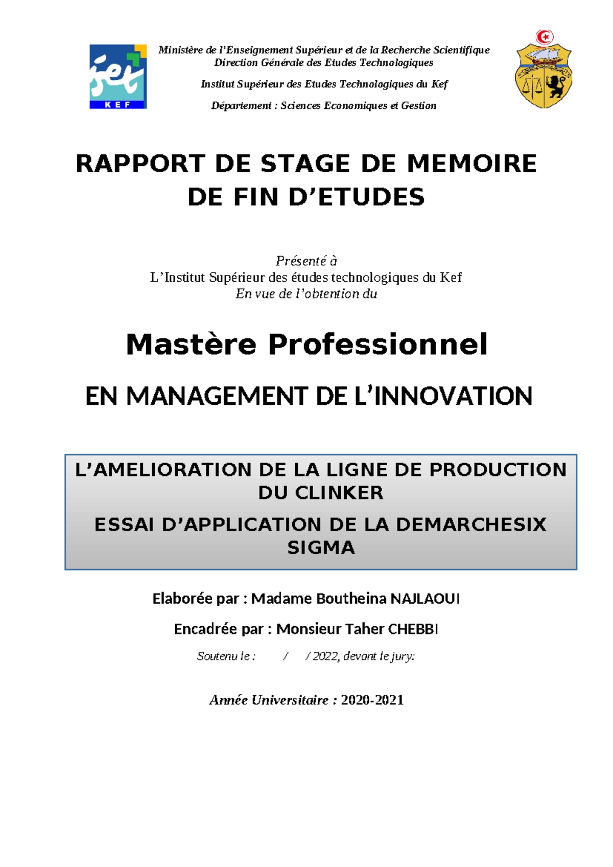 Rapport de Stage: Mémoire de Fin sur le Lean Six Sigma en Management de ...