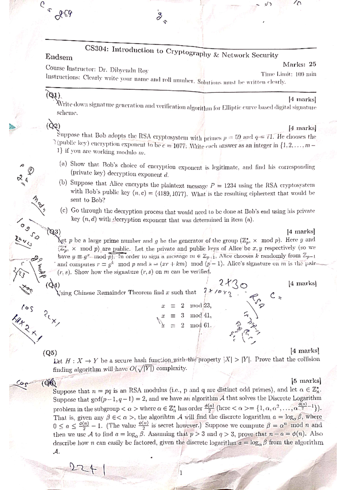 CS 304 Introduction to Cryptography network security End sem - g Endsem ...